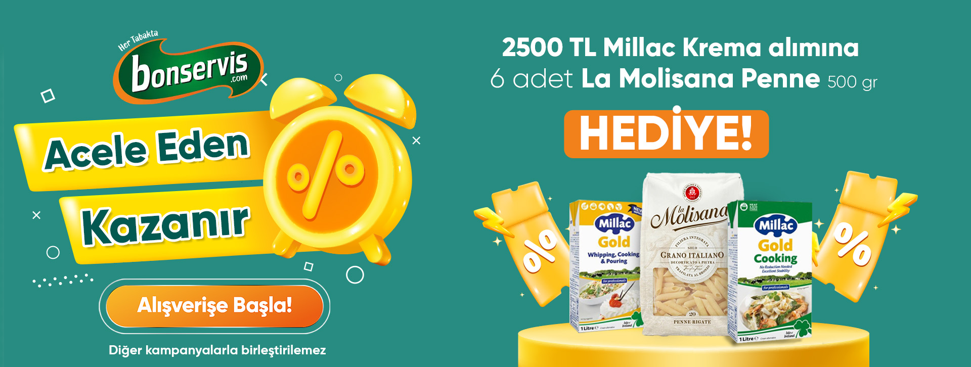 2500 TL ve Üzeri Millac Krema Alana 6 Adet La Molisana Penne 500gr Hediye!