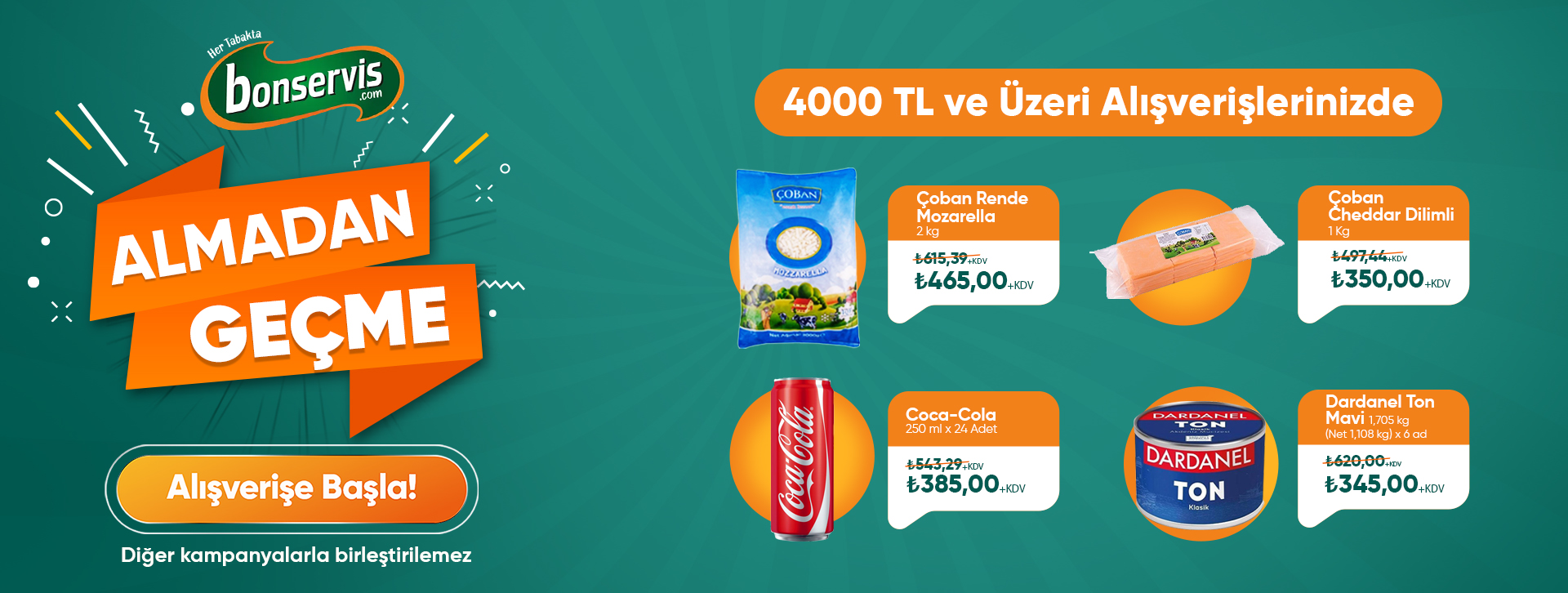  4000 TL ve üzeri alışverişinize Çoban Cheddar Dilimli 1 Kg 350,00 TL +KDV 
