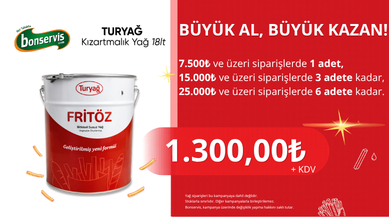  7.500 TL ve üzeri alışverişinize Turyağ Kızartmalık Yağ 18 Lt 1.300,00 TL +KDV 