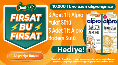  10000 TL ve üzeri alışverişlerinizde, 3'er adet Alpro Badem ve Yulaf Sütü Barista  Hediye! 
