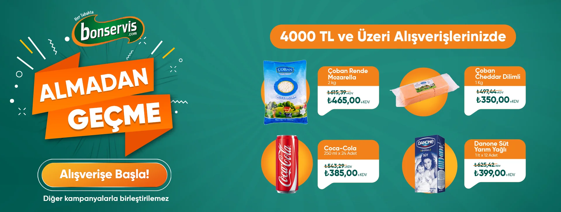  4000 TL ve üzeri alışverişinize Çoban Cheddar Dilimli 1 Kg 350,00 TL +KDV 